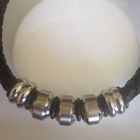 Mens Black Leather and stainless Steel Bracelet, Bracelet - simple to stunning