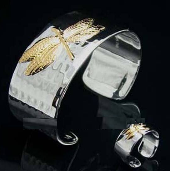 Silver Dragonfly cuff and matching ring, Bracelet - simple to stunning