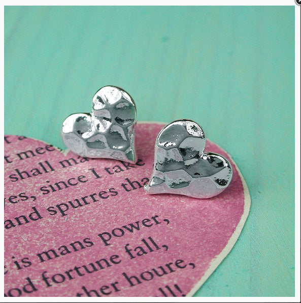 Silver Hammered Heart Stud Earrings, Earrings - simple to stunning