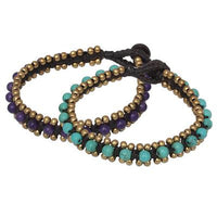 2 Handmade Purple Quartz, Blue Resin and Brass Bead Bracelets, Bracelet - simple to stunning
